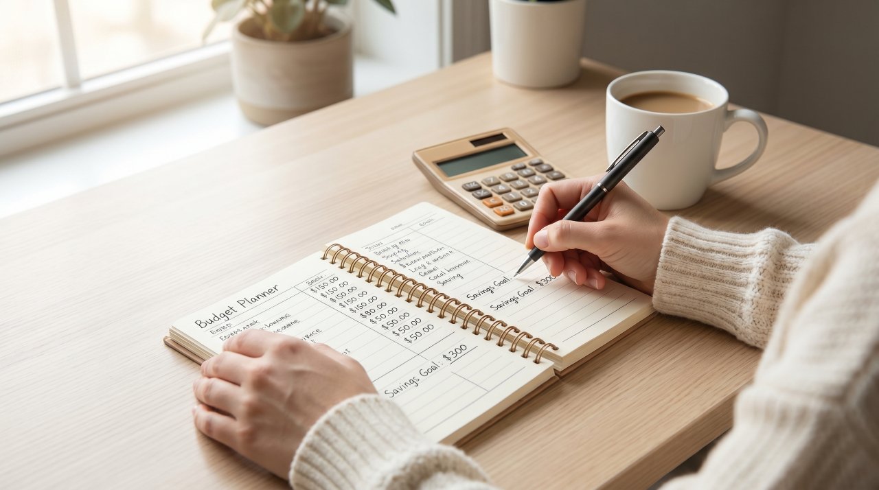 Person writing a monthly sinking fund savings plan in a budget notebook