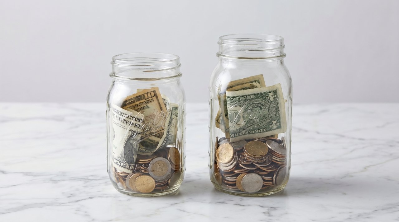 Two separate labeled glass jars representing sinking fund and emergency fund savings