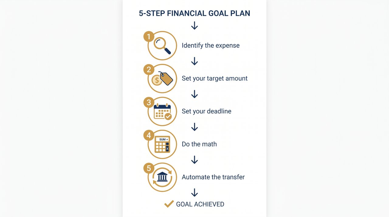 Five step visual process showing how to create a sinking fund from scratch