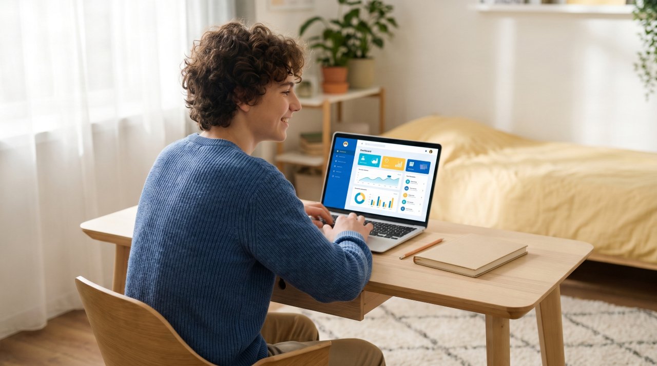 A student using TXMyZone online learning platform on a laptop at home